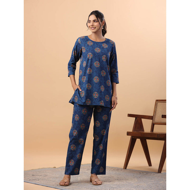 Janasya Women Blue Cotton Printed Co-Ord (Set of 2)