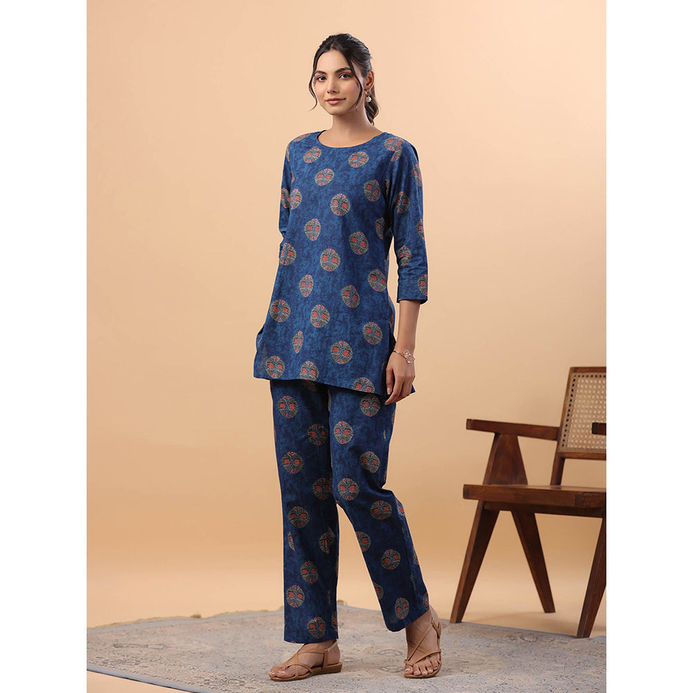 Janasya Women Blue Cotton Printed Co-Ord (Set of 2)