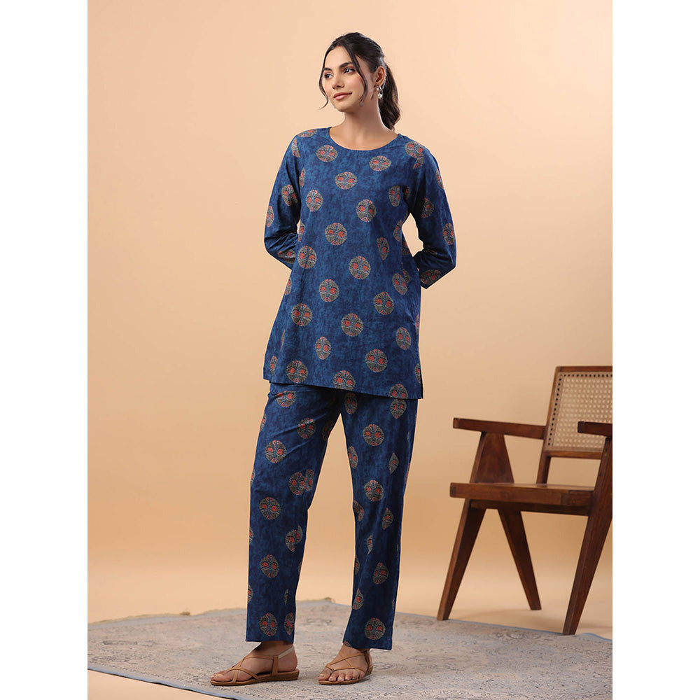 Janasya Women Blue Cotton Printed Co-Ord (Set of 2)