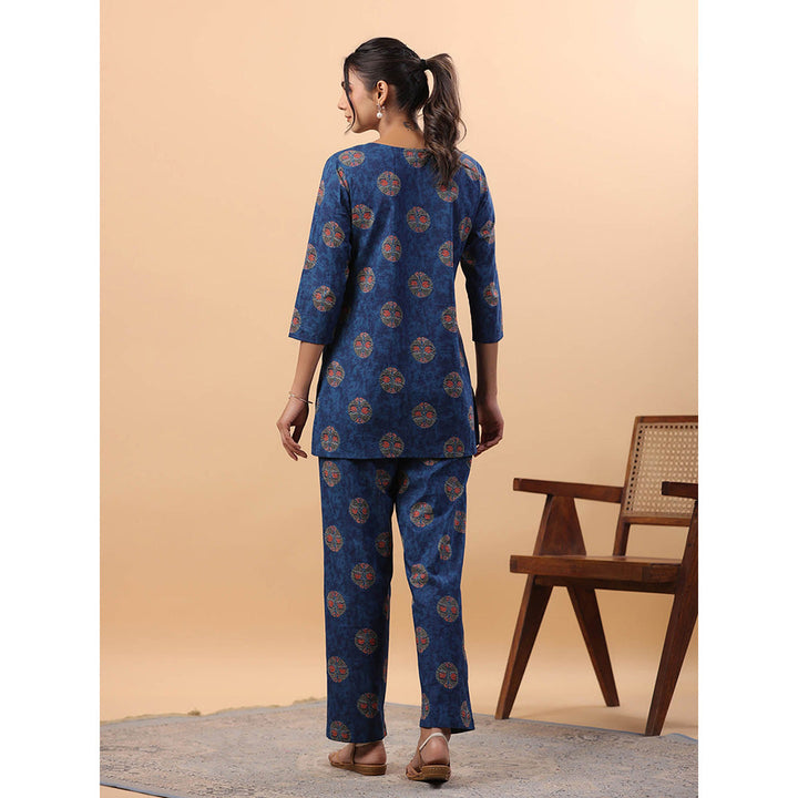 Janasya Women Blue Cotton Printed Co-Ord (Set of 2)