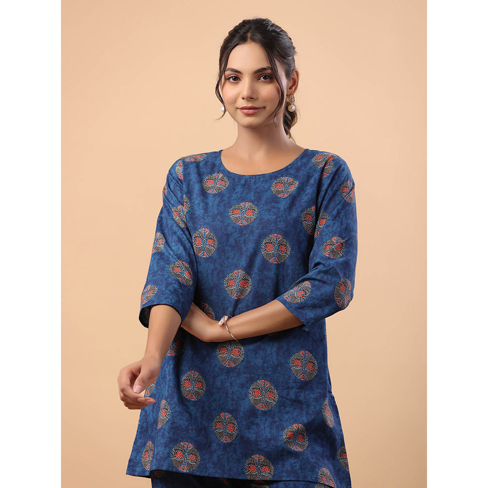 Janasya Women Blue Cotton Printed Co-Ord (Set of 2)