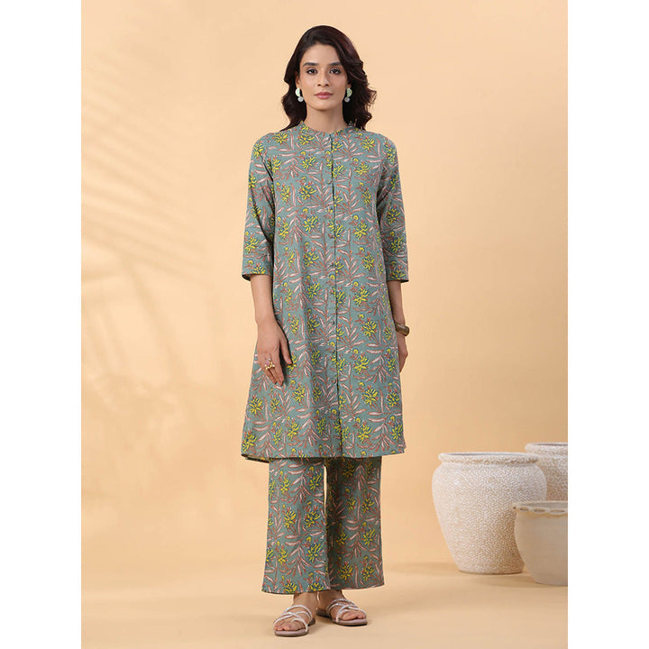 Janasya Women Green Cotton Floral Kurta with Pant (Set of 2)