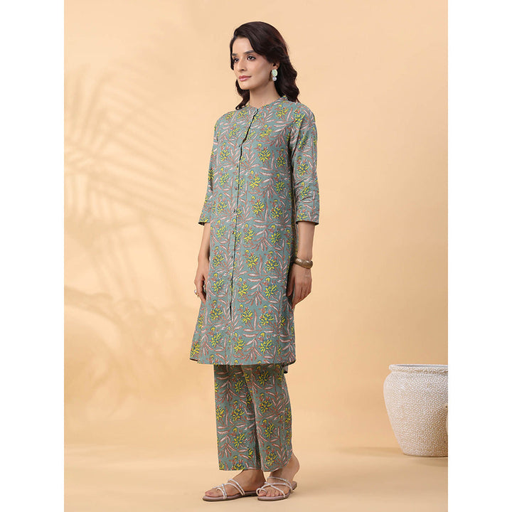 Janasya Women Green Cotton Floral Kurta with Pant (Set of 2)