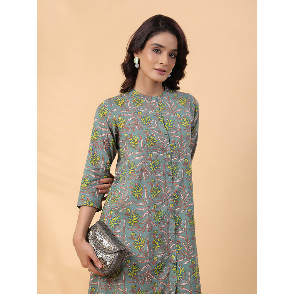 Janasya Women Green Cotton Floral Kurta with Pant (Set of 2)