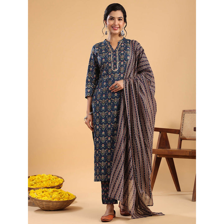 Janasya Women Navy Blue Cotton Floral Kurta with Pant and Dupatta (Set of 3)