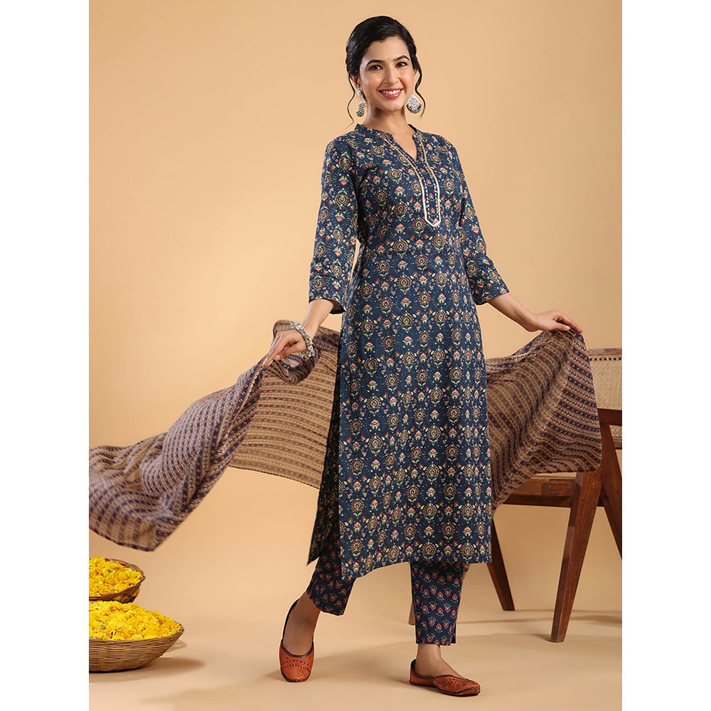 Janasya Women Navy Blue Cotton Floral Kurta with Pant and Dupatta (Set of 3)