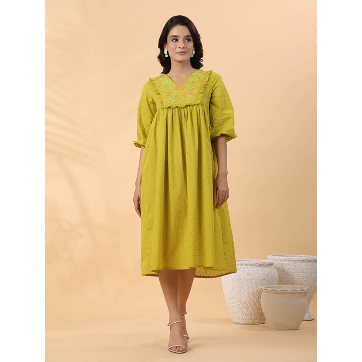 Janasya Women's Lime Green Dobby Cotton Pleated Midi Dress