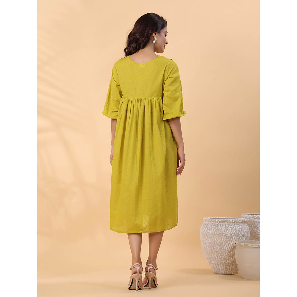 Janasya Women's Lime Green Dobby Cotton Pleated Midi Dress