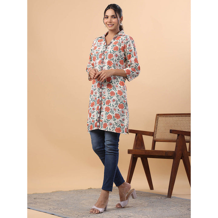 Janasya Women Cream Cotton Floral A-Line Tunic