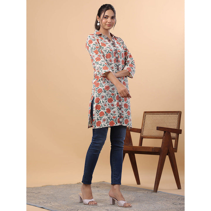 Janasya Women Cream Cotton Floral A-Line Tunic