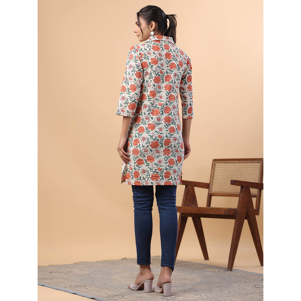 Janasya Women Cream Cotton Floral A-Line Tunic