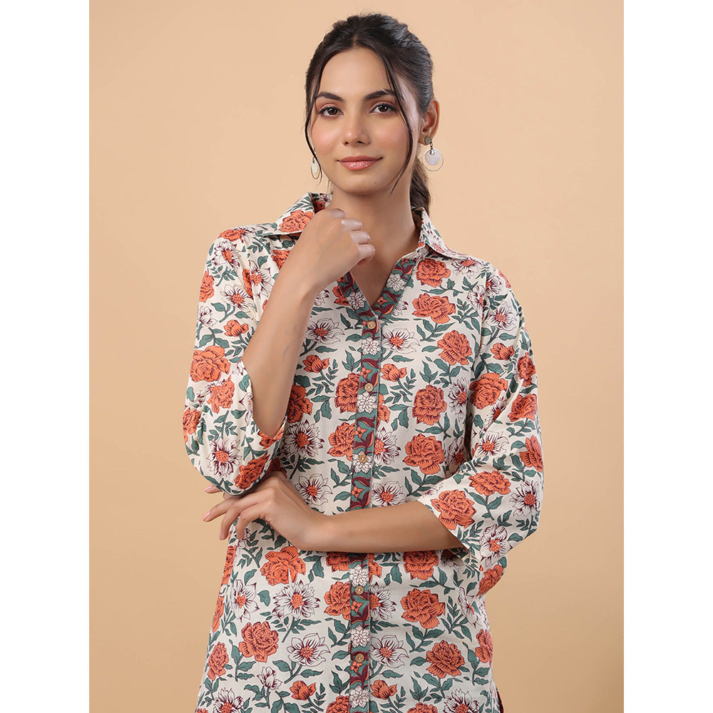 Janasya Women Cream Cotton Floral A-Line Tunic