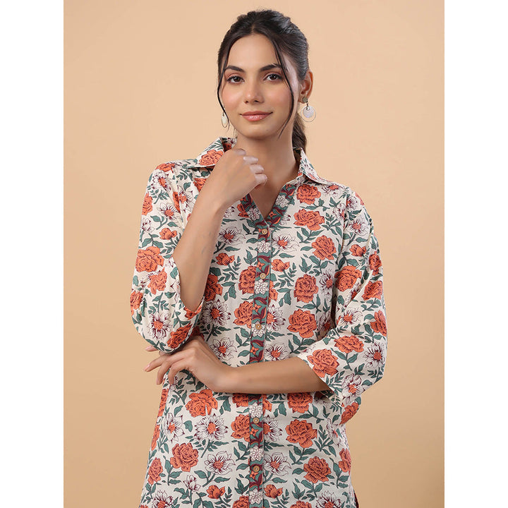 Janasya Women Cream Cotton Floral A-Line Tunic