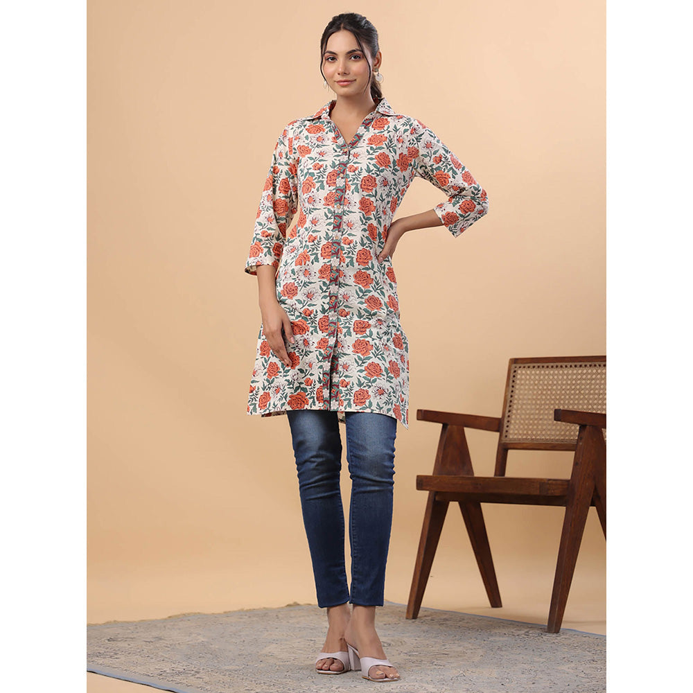 Janasya Women Cream Cotton Floral A-Line Tunic