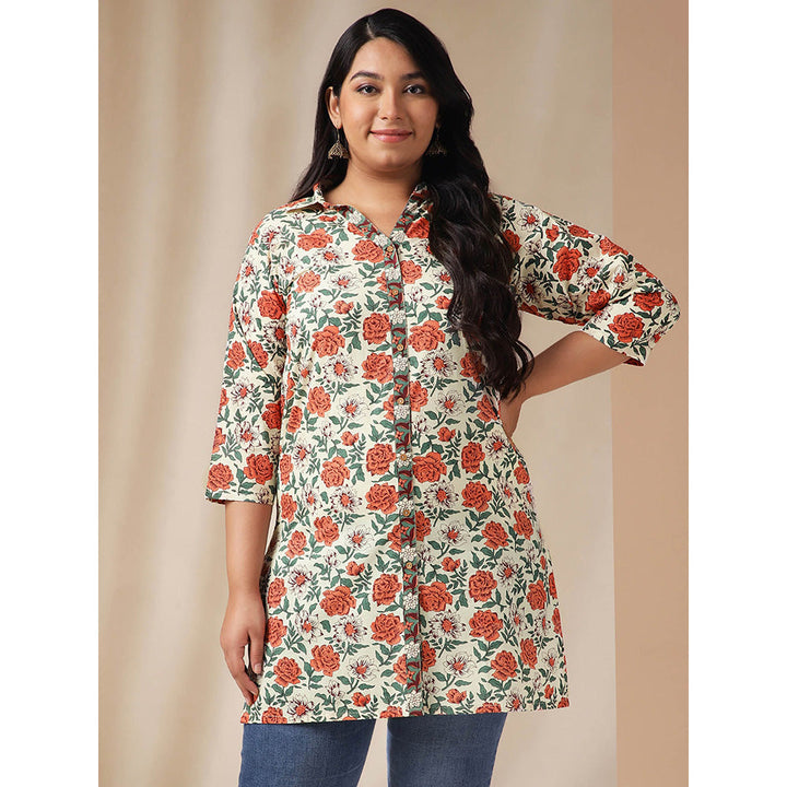 Janasya Women Plus Size Cream Cotton Floral Regular Tunic