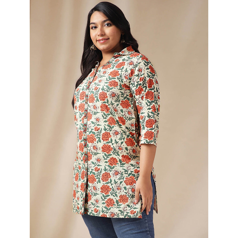 Janasya Women Plus Size Cream Cotton Floral Regular Tunic