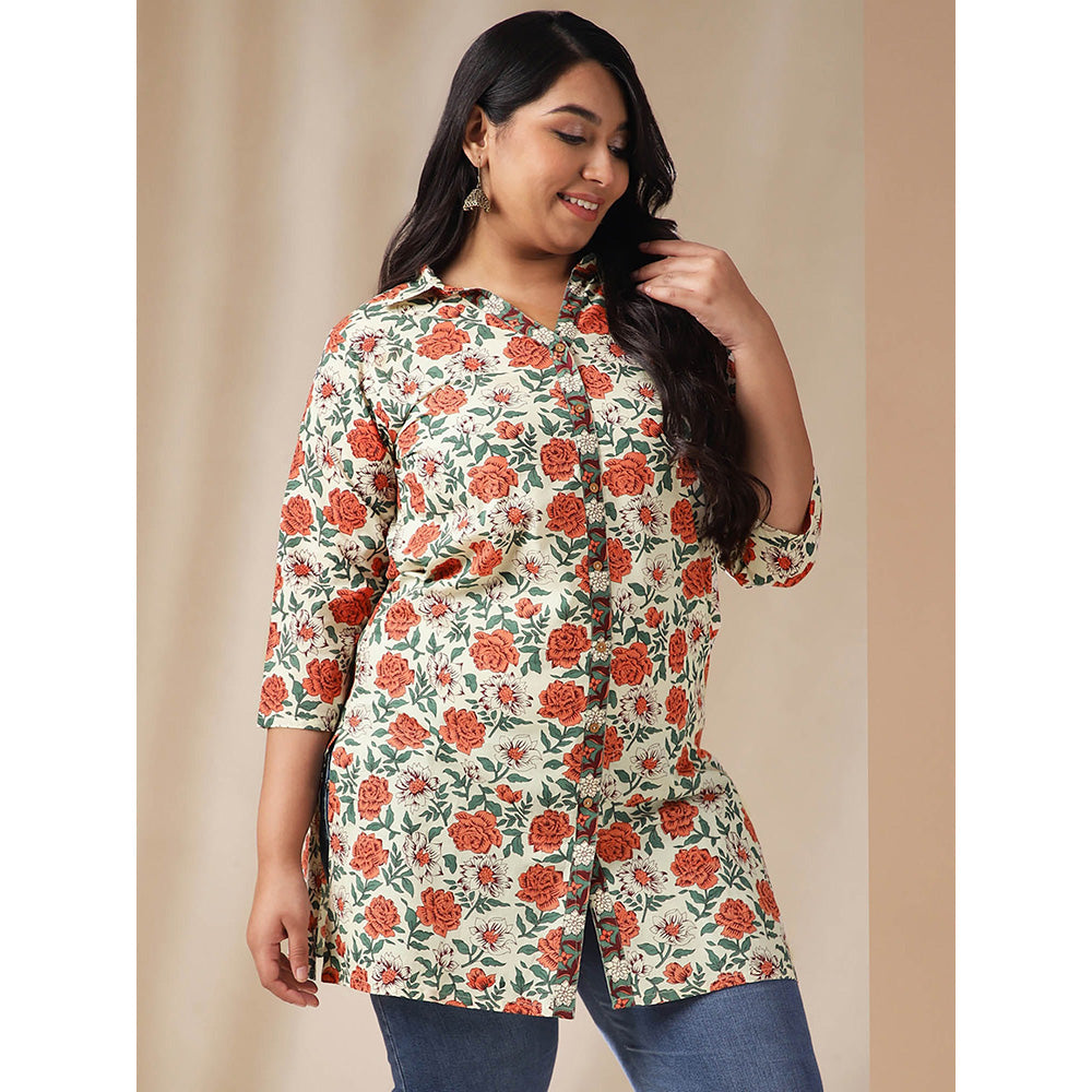 Janasya Women Plus Size Cream Cotton Floral Regular Tunic