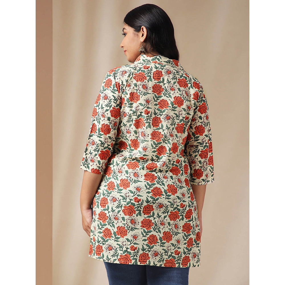 Janasya Women Plus Size Cream Cotton Floral Regular Tunic