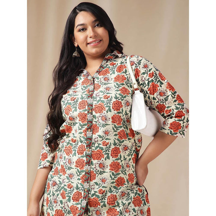 Janasya Women Plus Size Cream Cotton Floral Regular Tunic