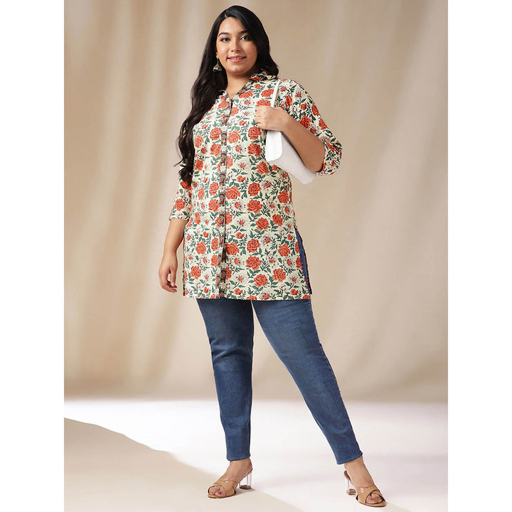 Janasya Women Plus Size Cream Cotton Floral Regular Tunic