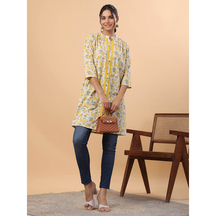 Janasya Women Cream Cotton Floral Printed Kurta