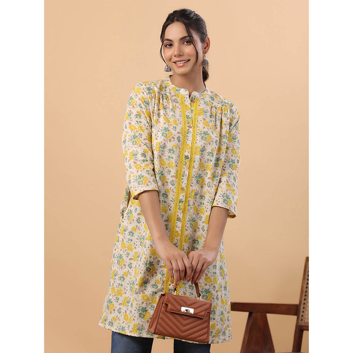 Janasya Women Cream Cotton Floral Printed Kurta