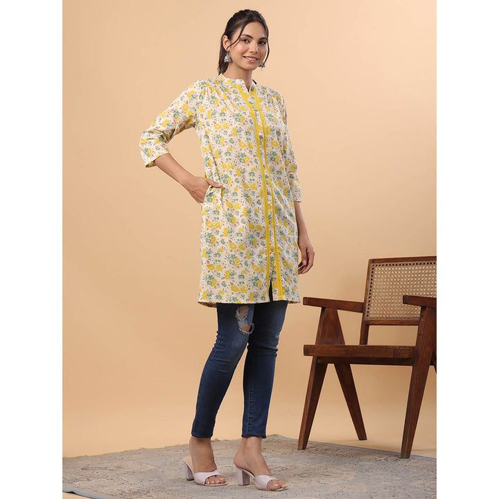 Janasya Women Cream Cotton Floral Printed Kurta