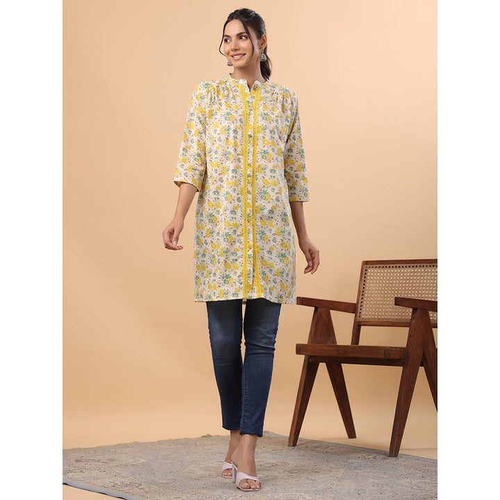 Janasya Women Cream Cotton Floral Printed Kurta