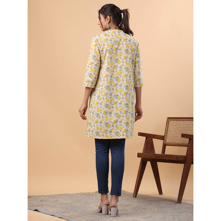 Janasya Women Cream Cotton Floral Printed Kurta