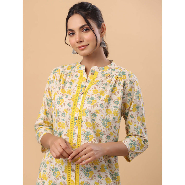 Janasya Women Cream Cotton Floral Printed Kurta