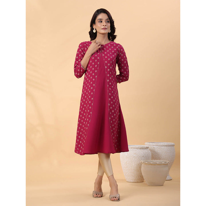 Janasya Women Wine Crepe Floral Printed Kurta