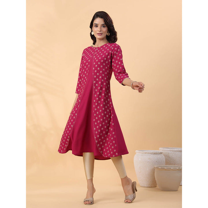 Janasya Women Wine Crepe Floral Printed Kurta