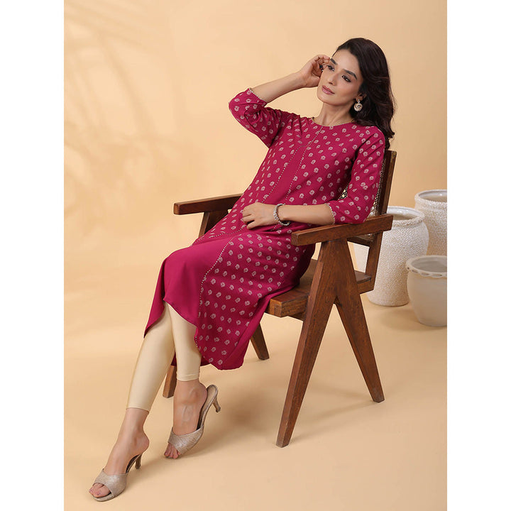 Janasya Women Wine Crepe Floral Printed Kurta