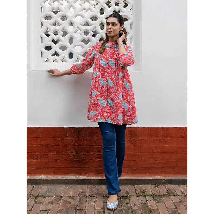 Janasya Women Red Georgette Floral Printed Kurti