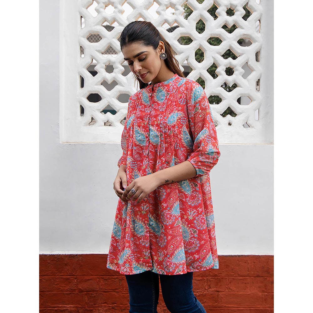 Janasya Women Red Georgette Floral Printed Kurti