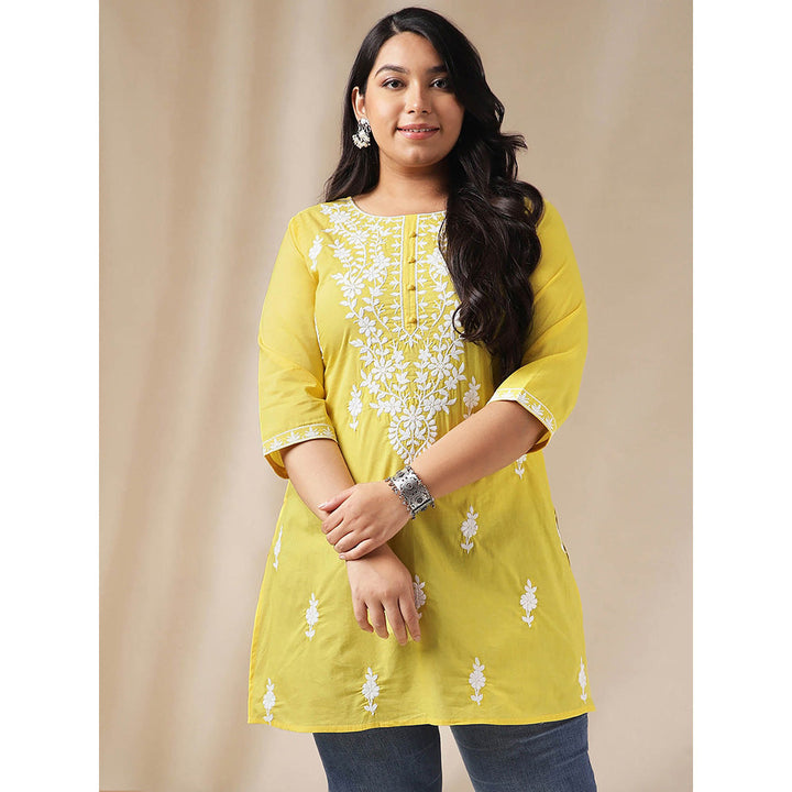 Janasya Women Yellow Cotton Thread Work Embroidered Kurti