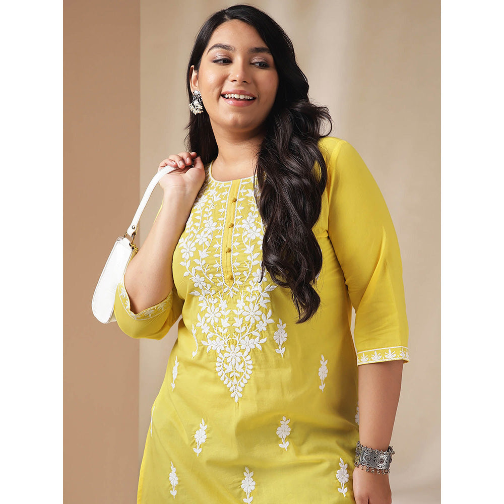 Janasya Women Yellow Cotton Thread Work Embroidered Kurti