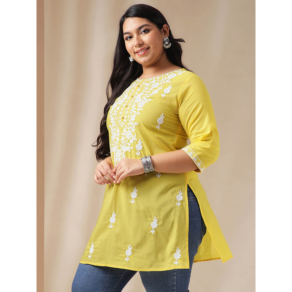 Janasya Women Yellow Cotton Thread Work Embroidered Kurti