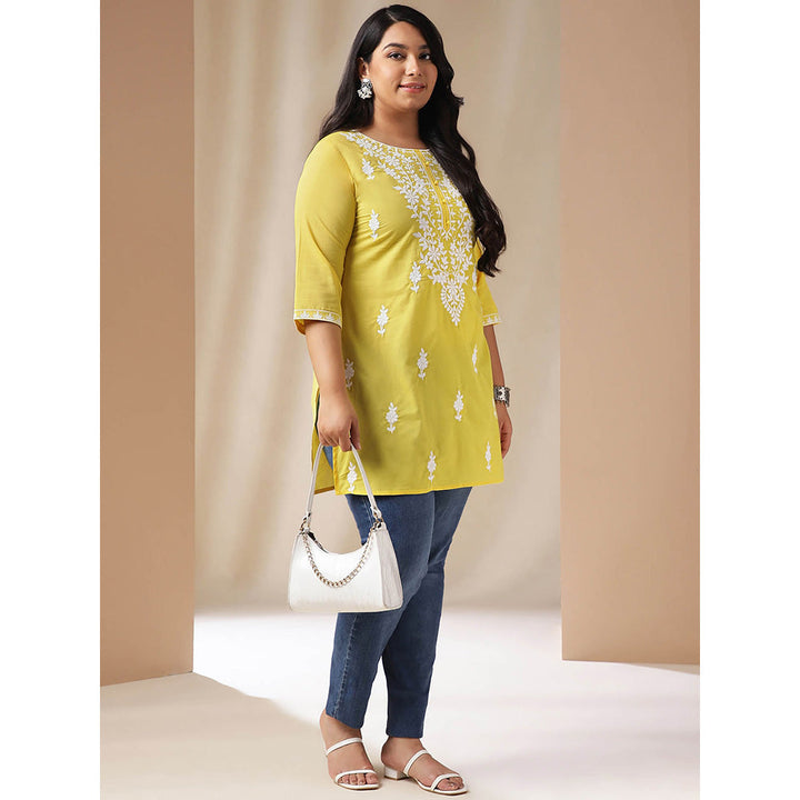 Janasya Women Yellow Cotton Thread Work Embroidered Kurti