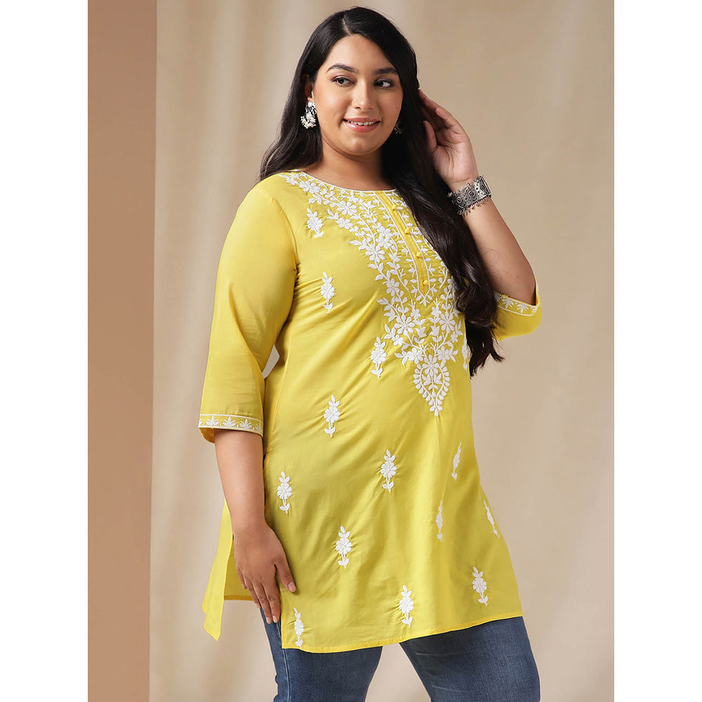 Janasya Women Yellow Cotton Thread Work Embroidered Kurti