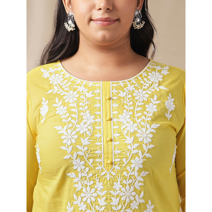 Janasya Women Yellow Cotton Thread Work Embroidered Kurti