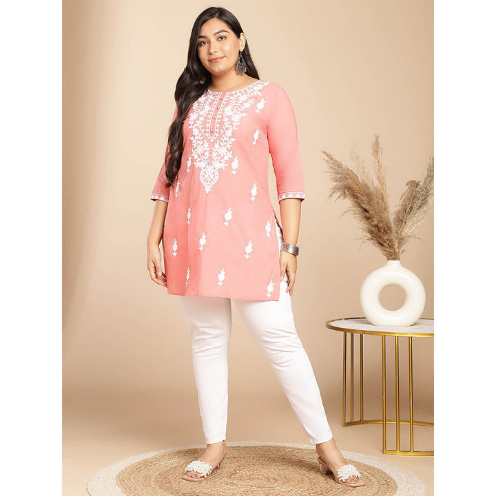 Janasya Women Peach Cotton Thread Work Embroidered Kurti