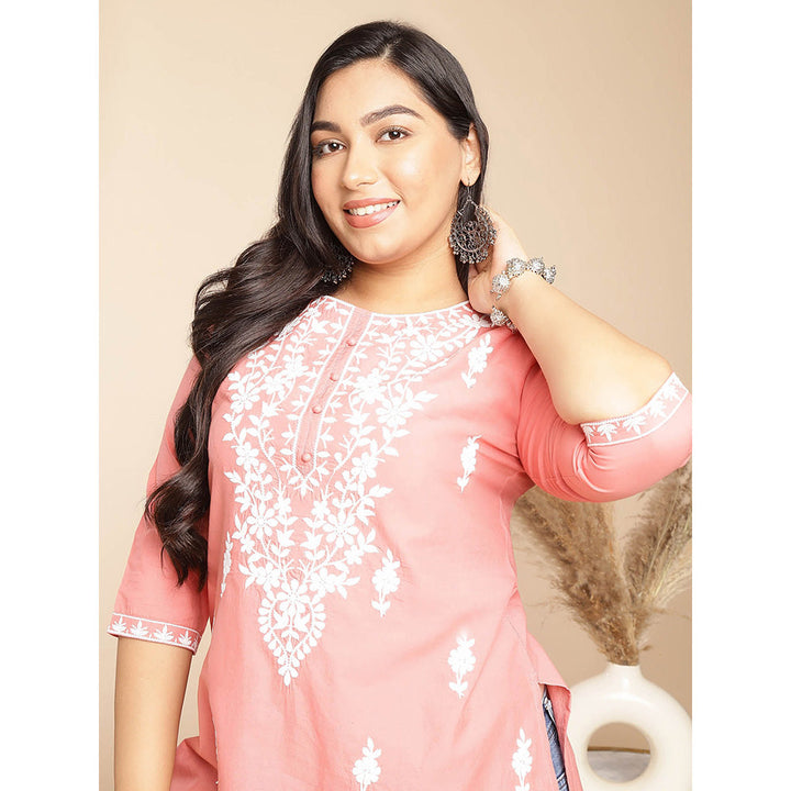 Janasya Women Peach Cotton Thread Work Embroidered Kurti