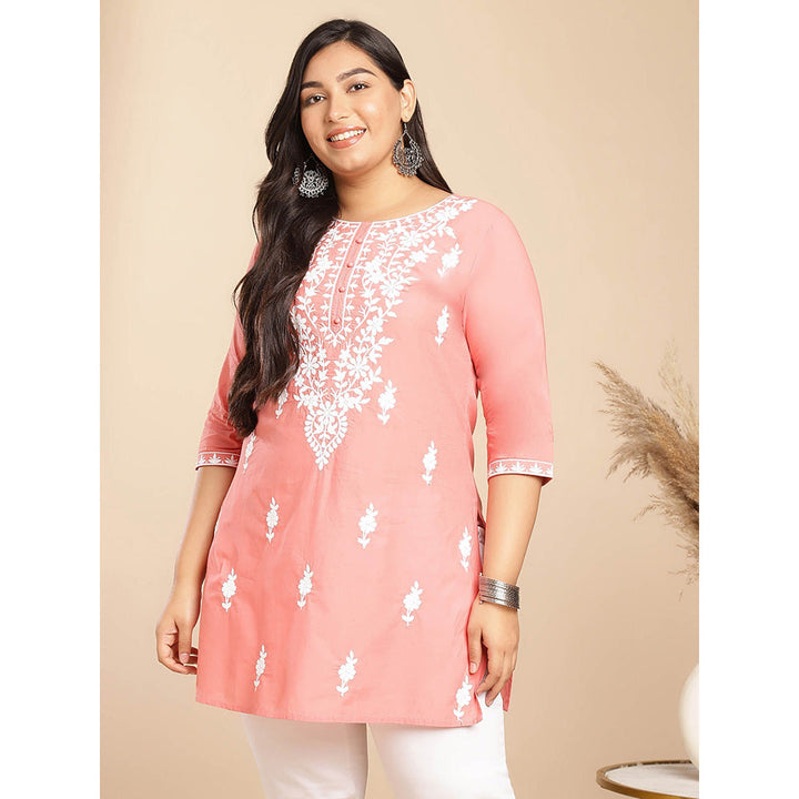 Janasya Women Peach Cotton Thread Work Embroidered Kurti