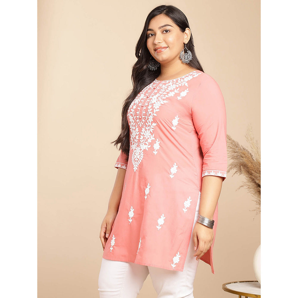 Janasya Women Peach Cotton Thread Work Embroidered Kurti