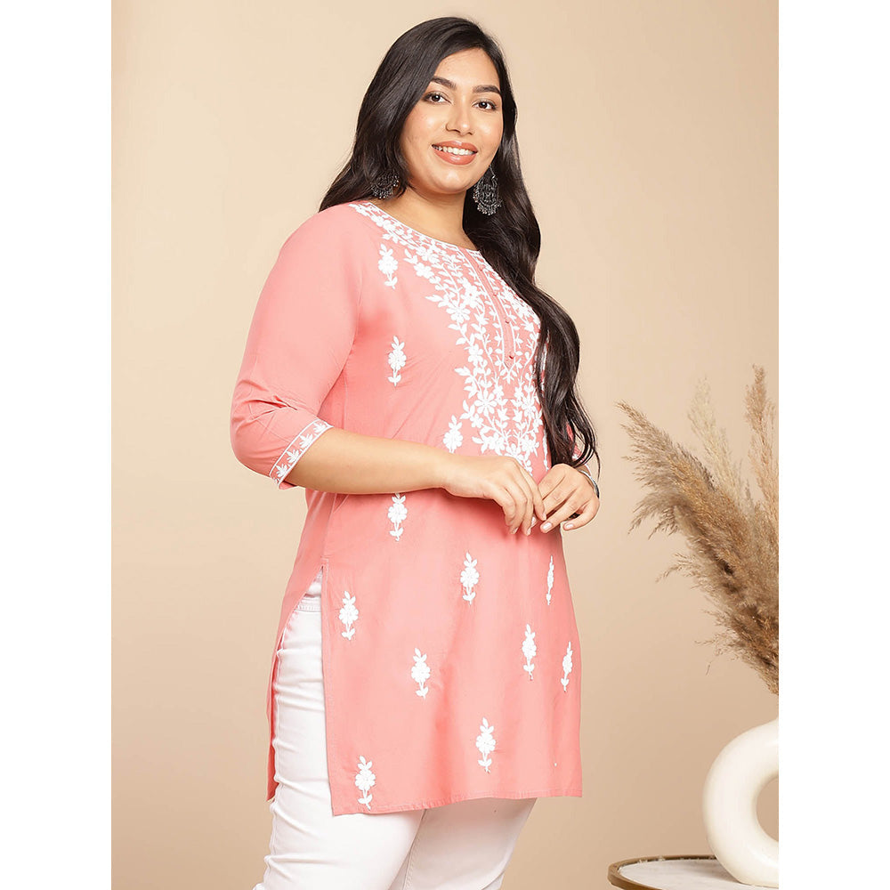 Janasya Women Peach Cotton Thread Work Embroidered Kurti