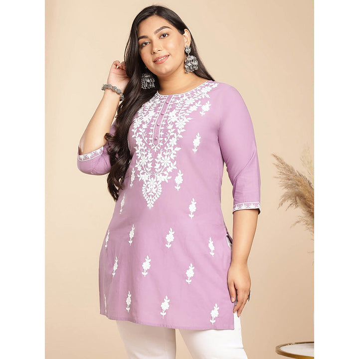 Janasya Women Lavender Cotton Thread Work Embroidered Kurti