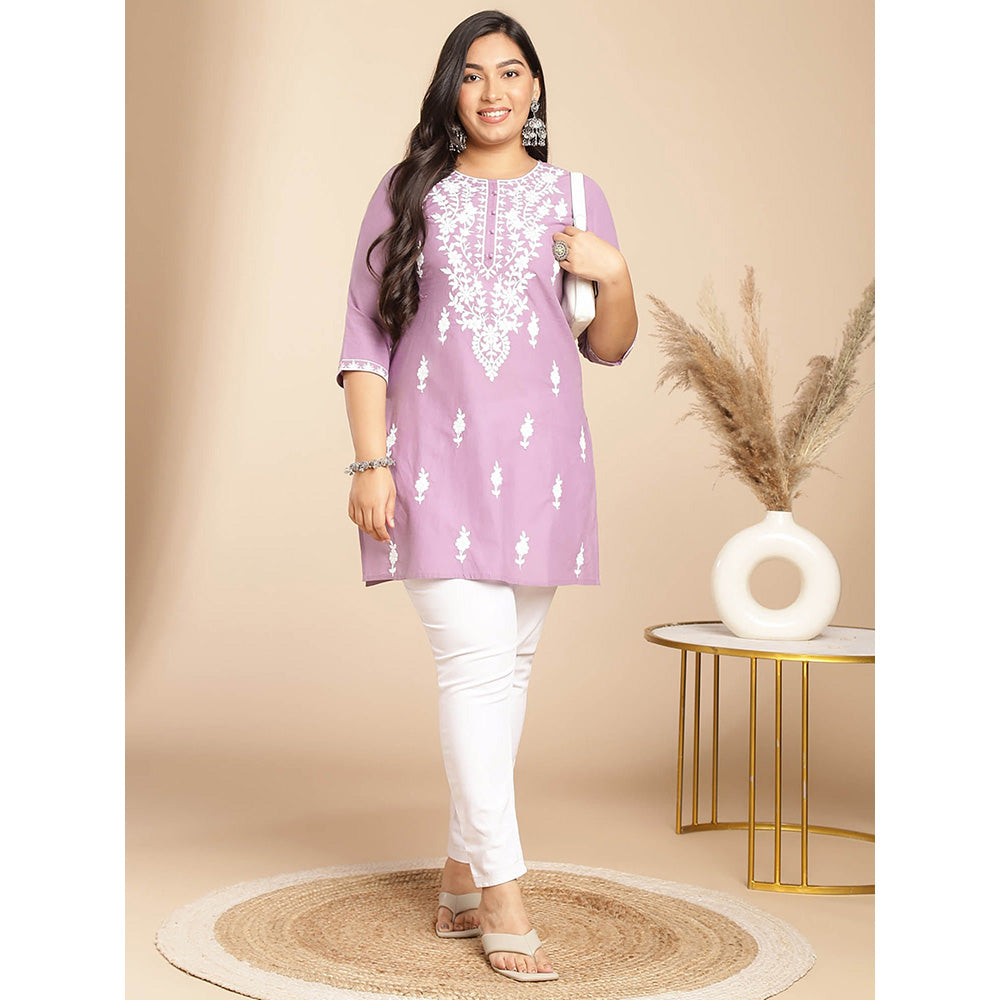 Janasya Women Lavender Cotton Thread Work Embroidered Kurti