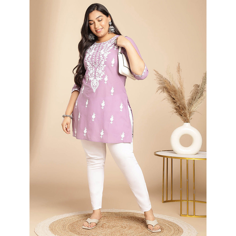 Janasya Women Lavender Cotton Thread Work Embroidered Kurti