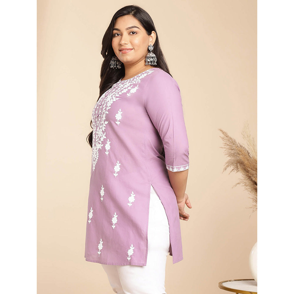 Janasya Women Lavender Cotton Thread Work Embroidered Kurti